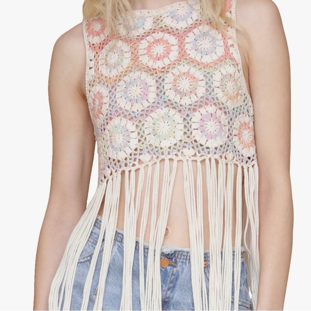 NWT Avec Les Filles Pastel Crochet Fringe Crop Tank Top XS/S Boho Festival